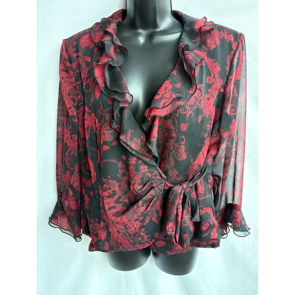 Vintage Connected Apparel Black Red Ruffle Wrap Blouse Size 14 Formal Event Top - Picture 1 of 12
